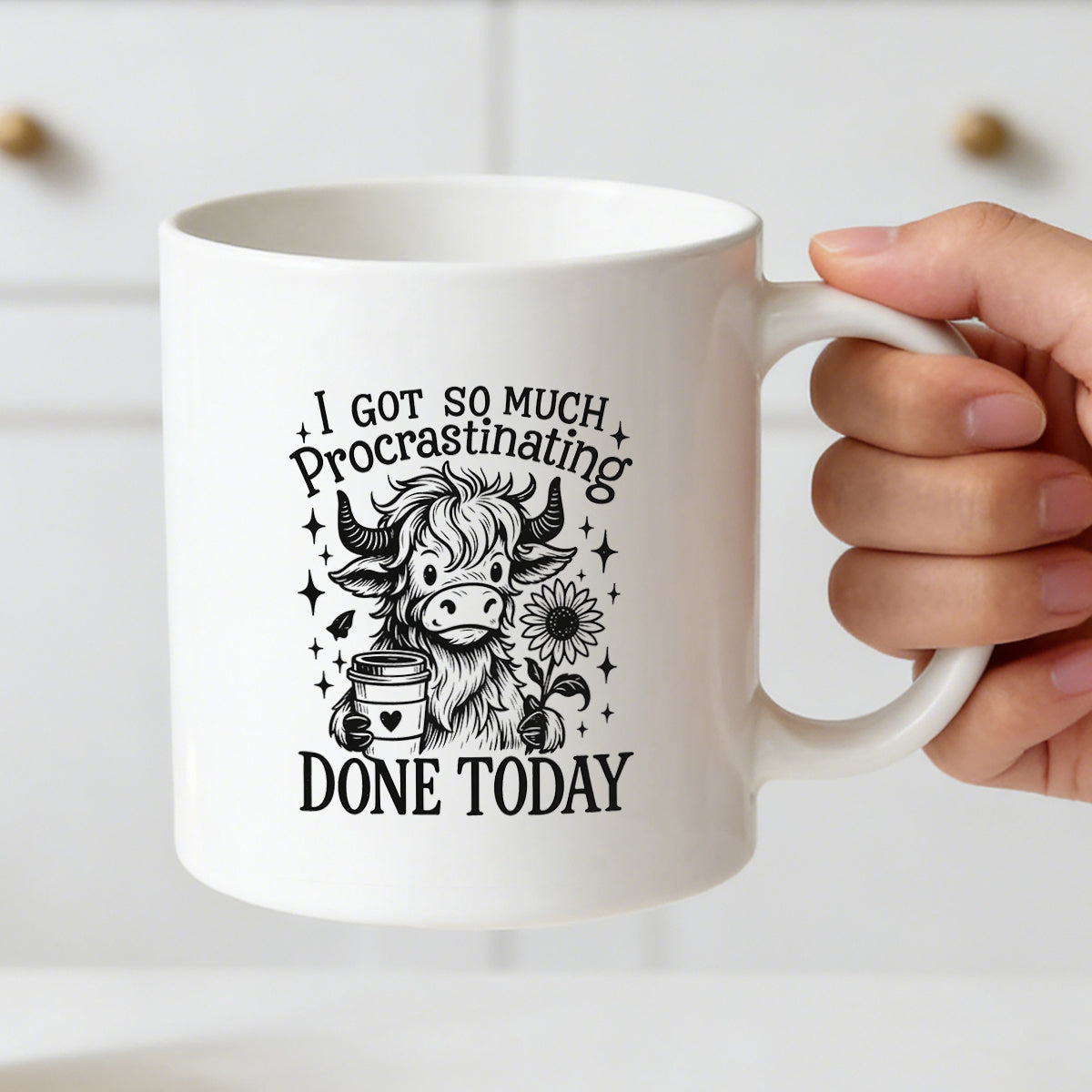 Tailorly White Ceramic 11 oz Mug - procrastinating today text and highland cow illustration