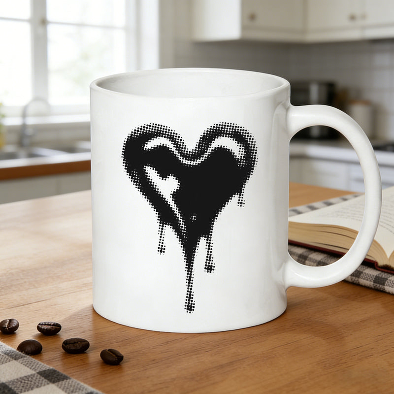 Tailorly White Ceramic 11 oz Mug - black heart graffiti