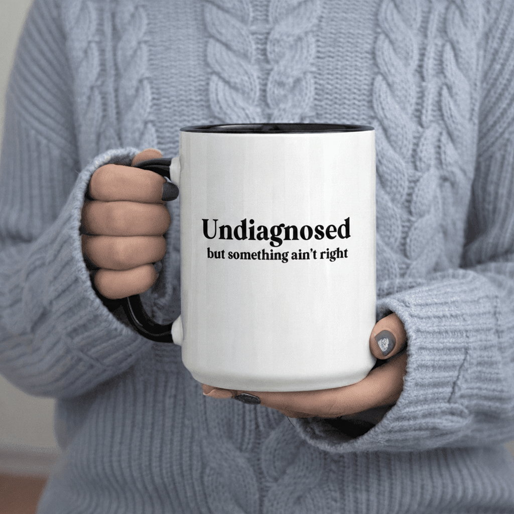 Tailorly Black Accent 11 oz Mug - "Undiagnosed But Something Right" text