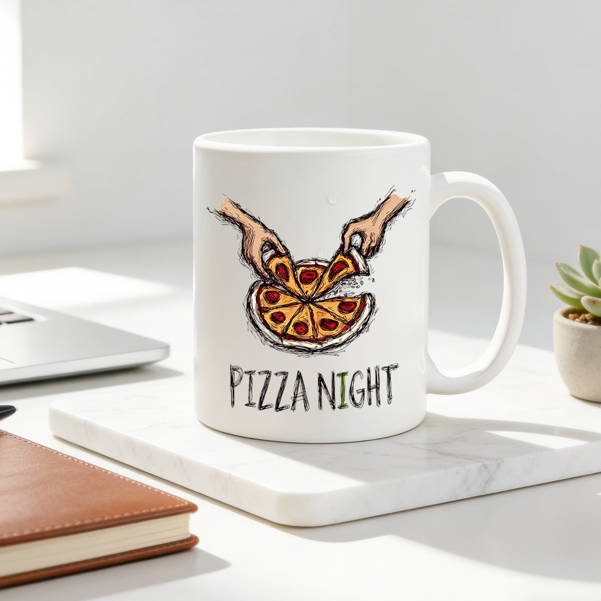 Tailorly White Ceramic 11 oz Mug - hand drawn pizza sketch