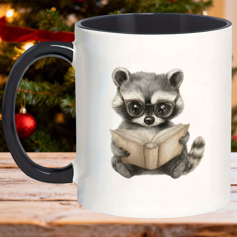 Tailorly Black Accent 11 oz Mug - raccoon engrossed in a book