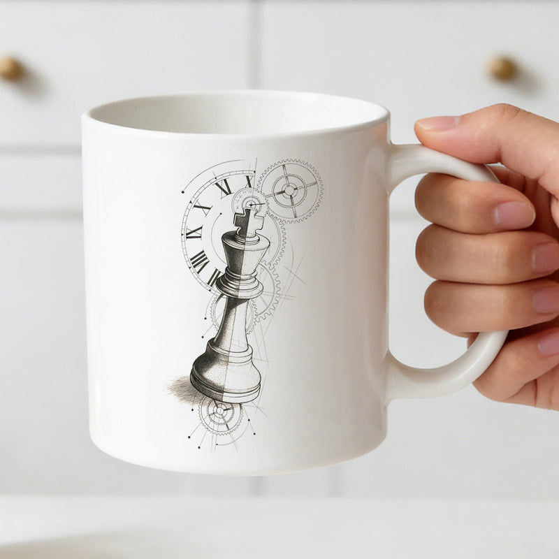 Tailorly White Ceramic 11 oz Mug - steampunk and clock detailed line