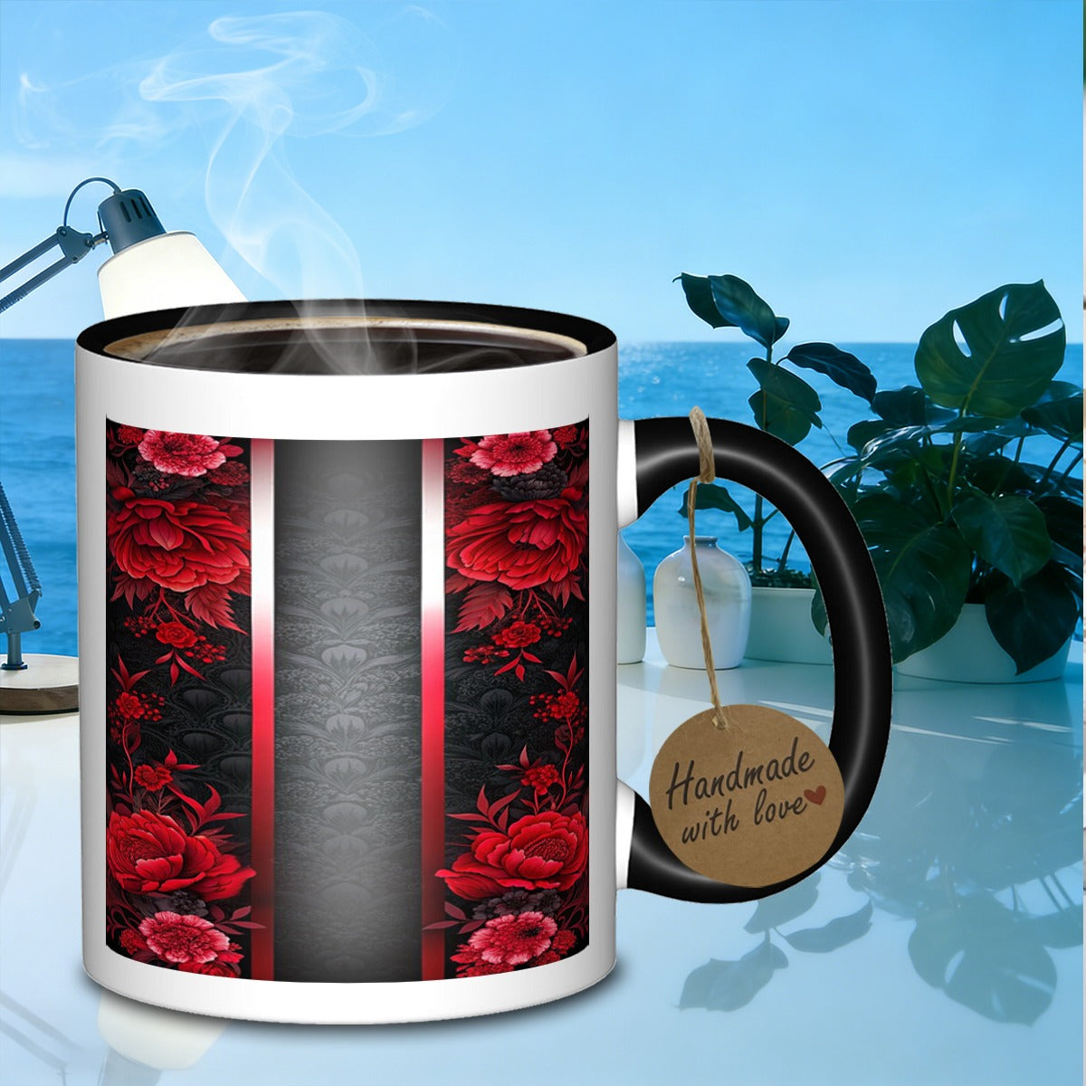 Tailorly Black Accent 11 oz Mug - red floral damask pattern