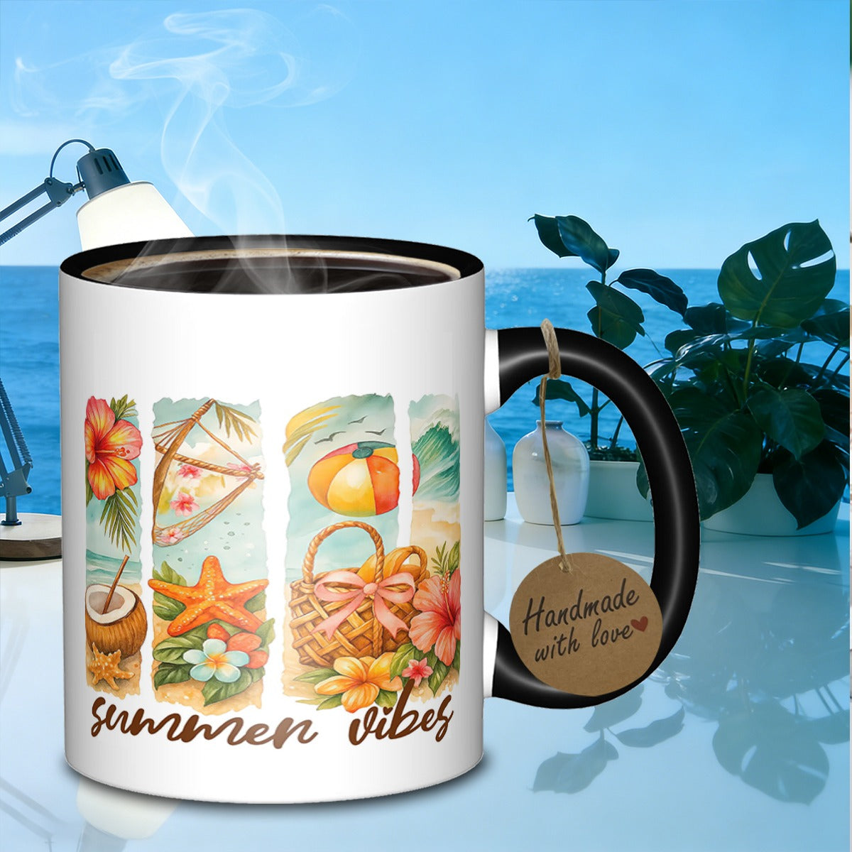 Tailorly Black Accent 11 oz Mug - galaxy pattern with tropical elements