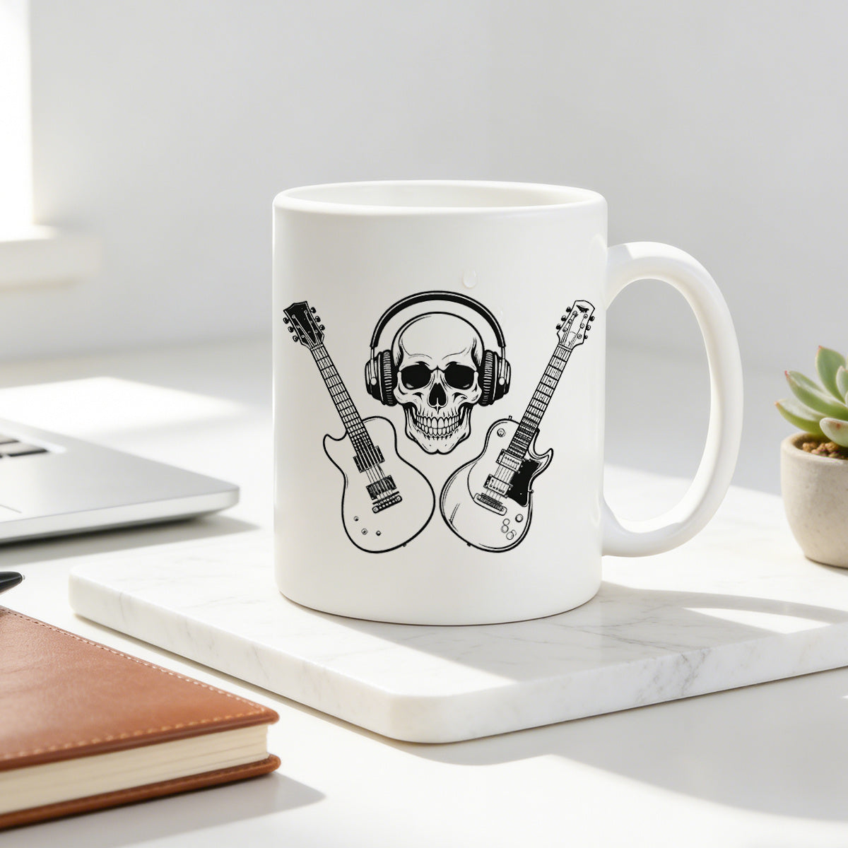 Tailorly White Ceramic 11 oz Mug - rock skull with dual guitars