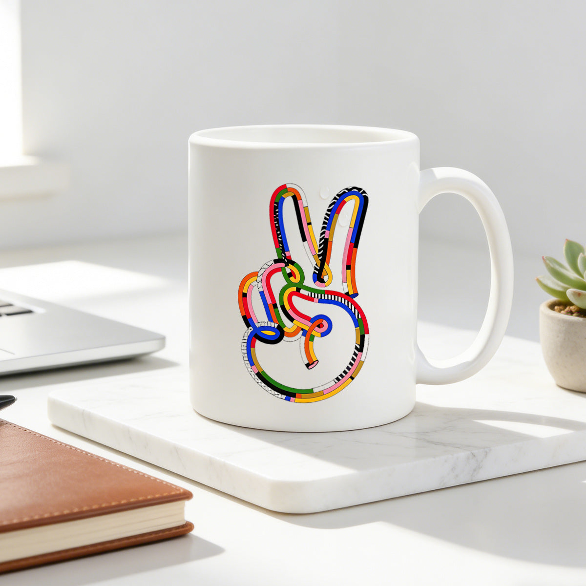 Tailorly White Ceramic 11 oz Mug - colorful abstract rabbit geometric striped rabbit graphic