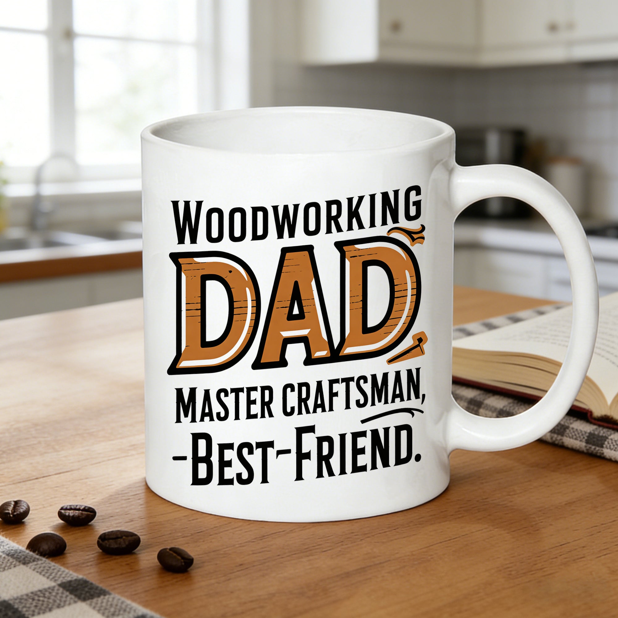 Tailorly White Ceramic 11 oz Mug - woodworking for dad text with rustic wood texture