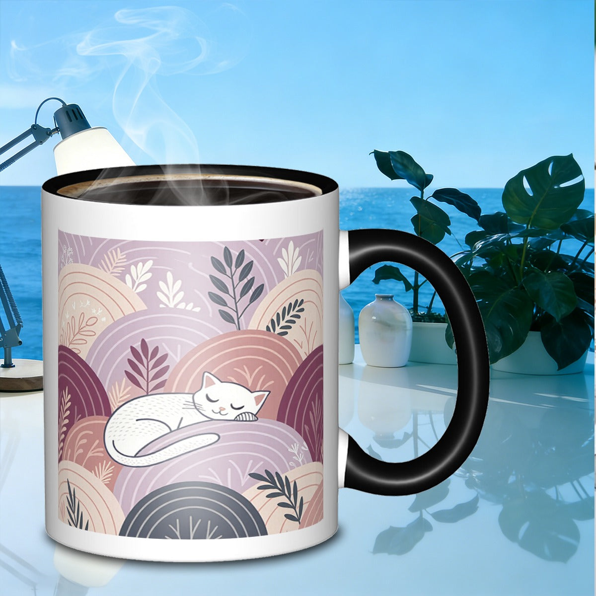 Tailorly Black Accent 11 oz Mug - sleeping cat and foliage