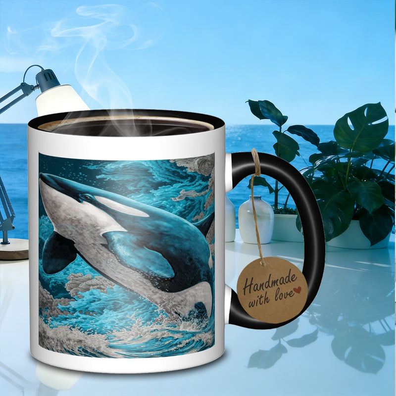 Tailorly Black Accent 11 oz Mug - whale sea scene