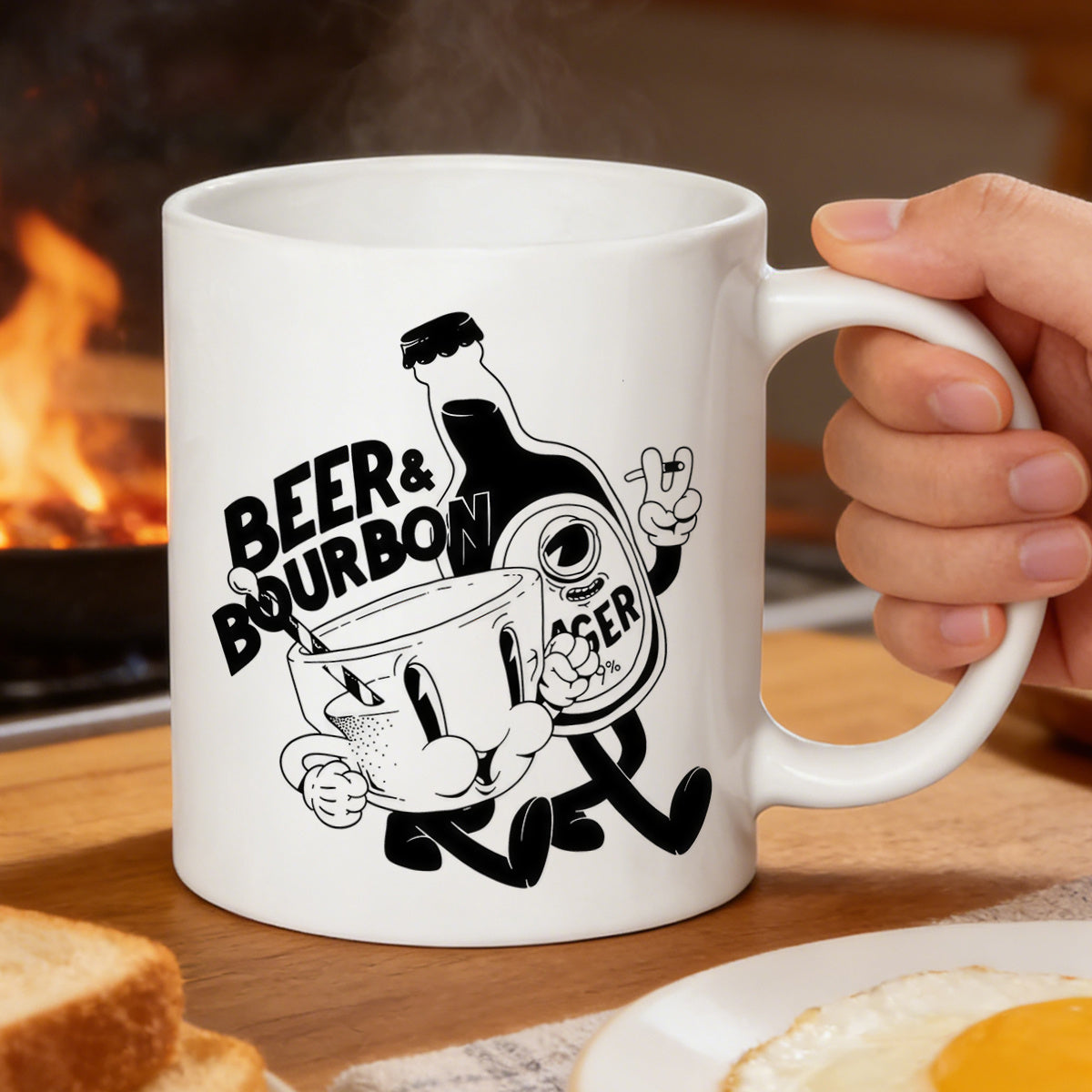 Tailorly White Ceramic 11 oz Mug - retro cartoon beer and bourbon design
