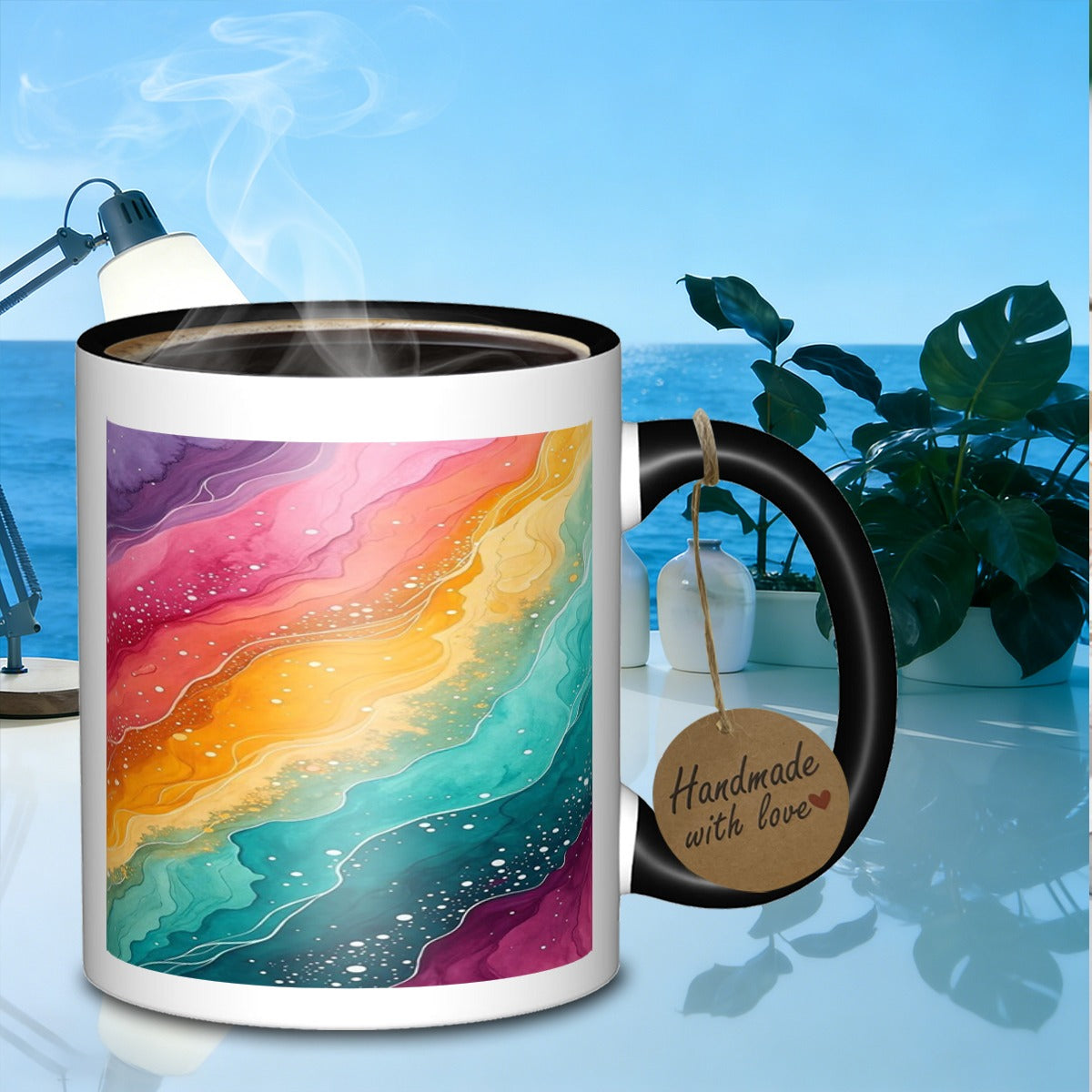 Tailorly Black Accent 11 oz Mug - watercolor rainbow layers retro rainbow