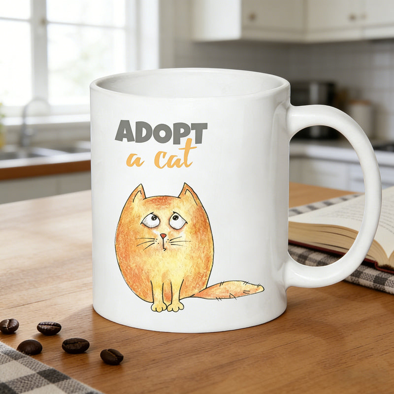 Tailorly White Ceramic 11 oz Mug - adopt a cat rescue cat cute watercolor cat print