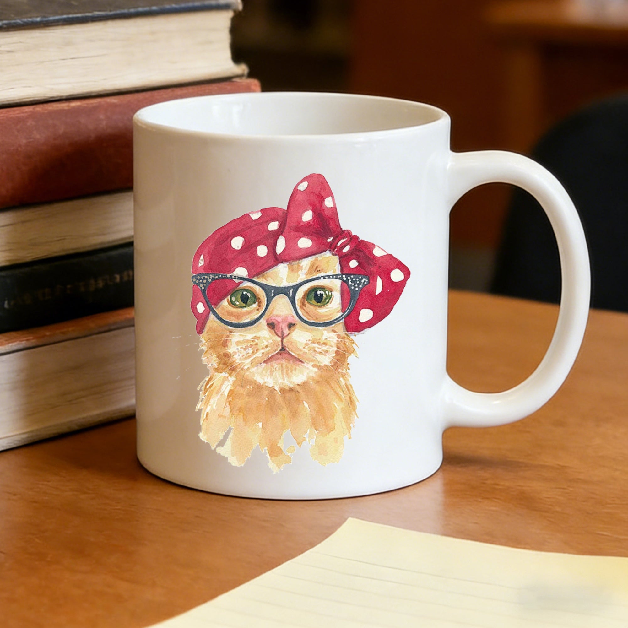 Tailorly White Ceramic 11 oz Mug - vintage watercolor retro pin up cat with red polka dot bandana glasses