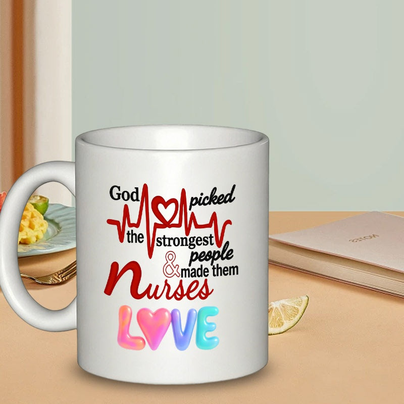 Tailorly White Ceramic 11 oz Mug - nurse themed， "god strongest made them nurses" text， marbling pattern