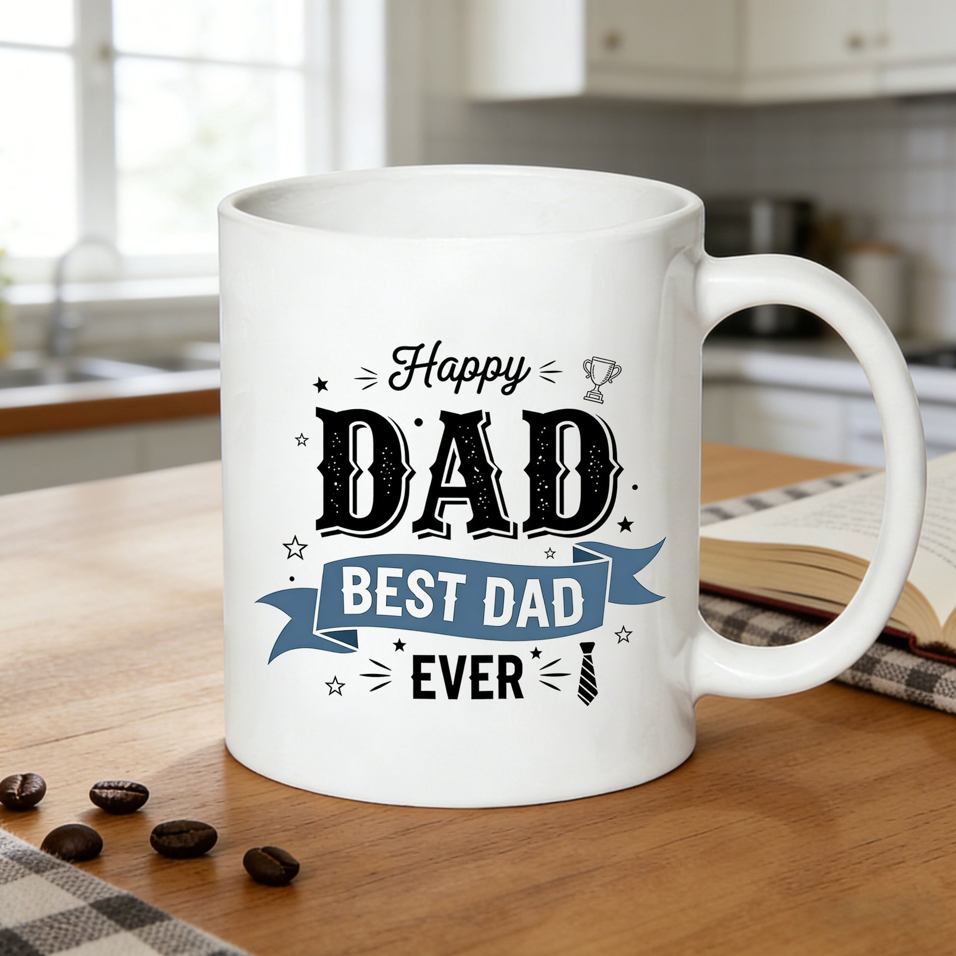 Tailorly White Ceramic 11 oz Mug - happy for dad best for dad ever vintage trophy tie quote