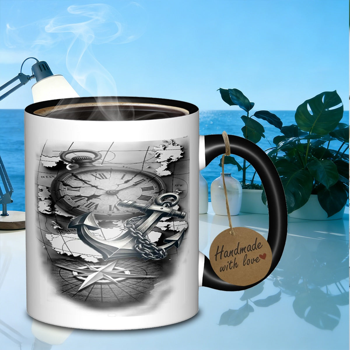 Tailorly Black Accent 11 oz Mug - compass and clockthin drinkware galaxy