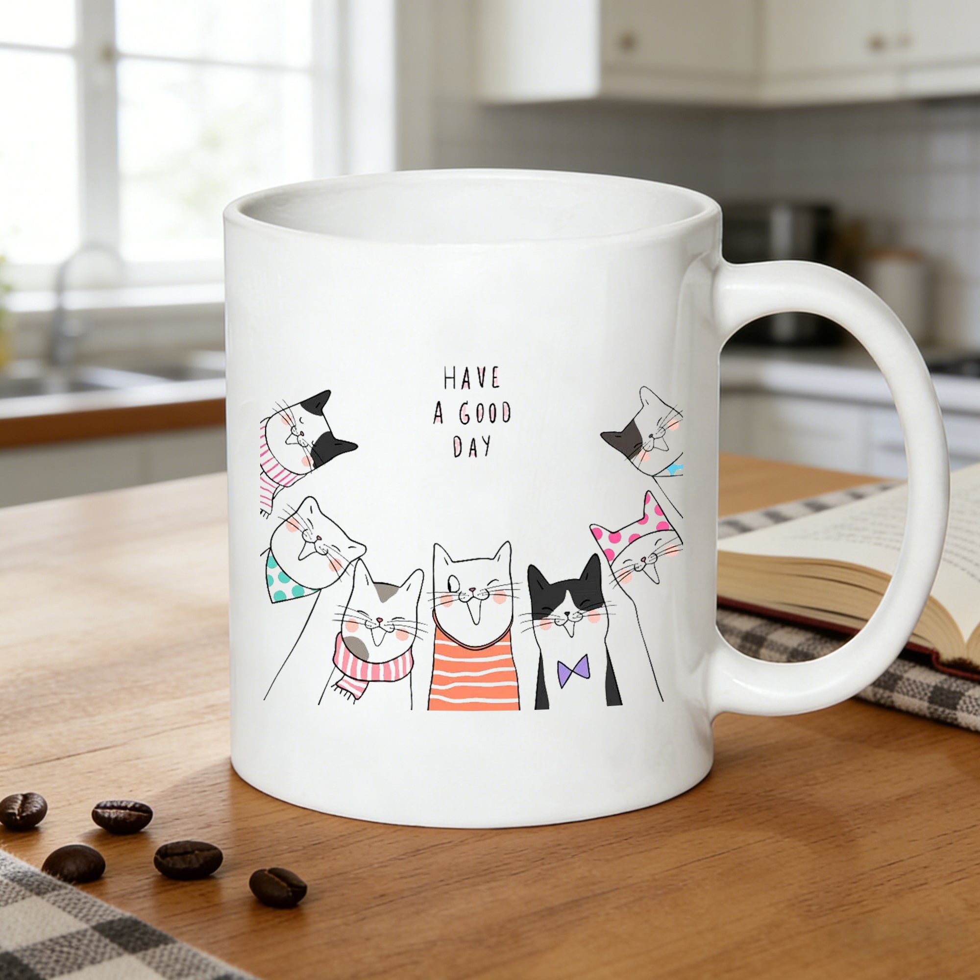 Tailorly White Ceramic 11 oz Mug - cute cartoon cat