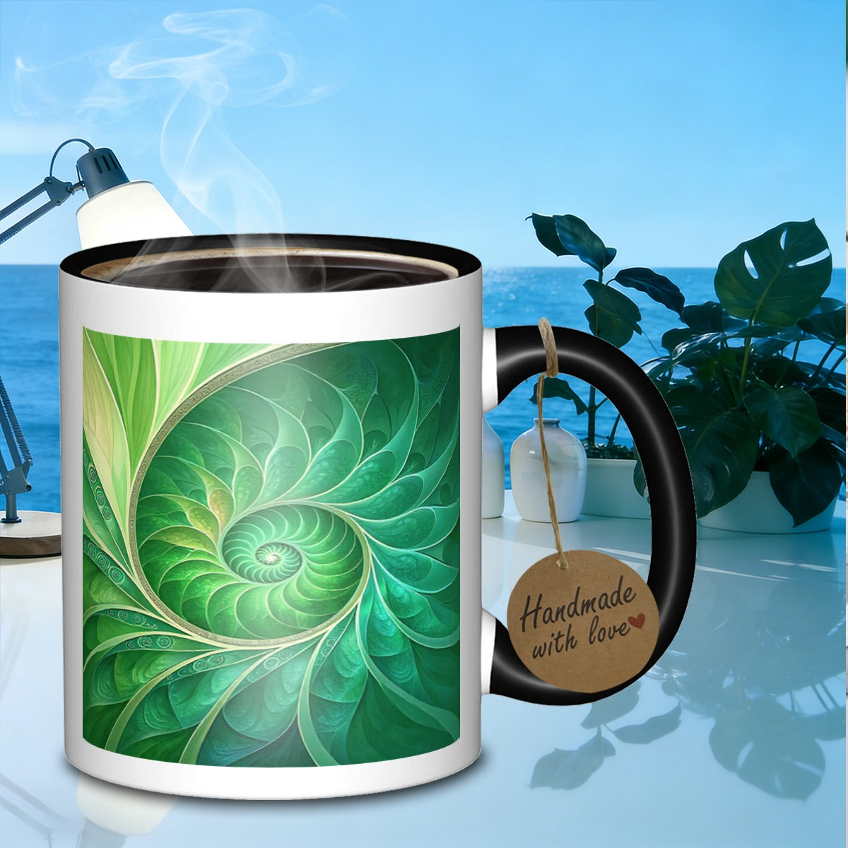 Tailorly Black Accent 11 oz Mug - green spiral design