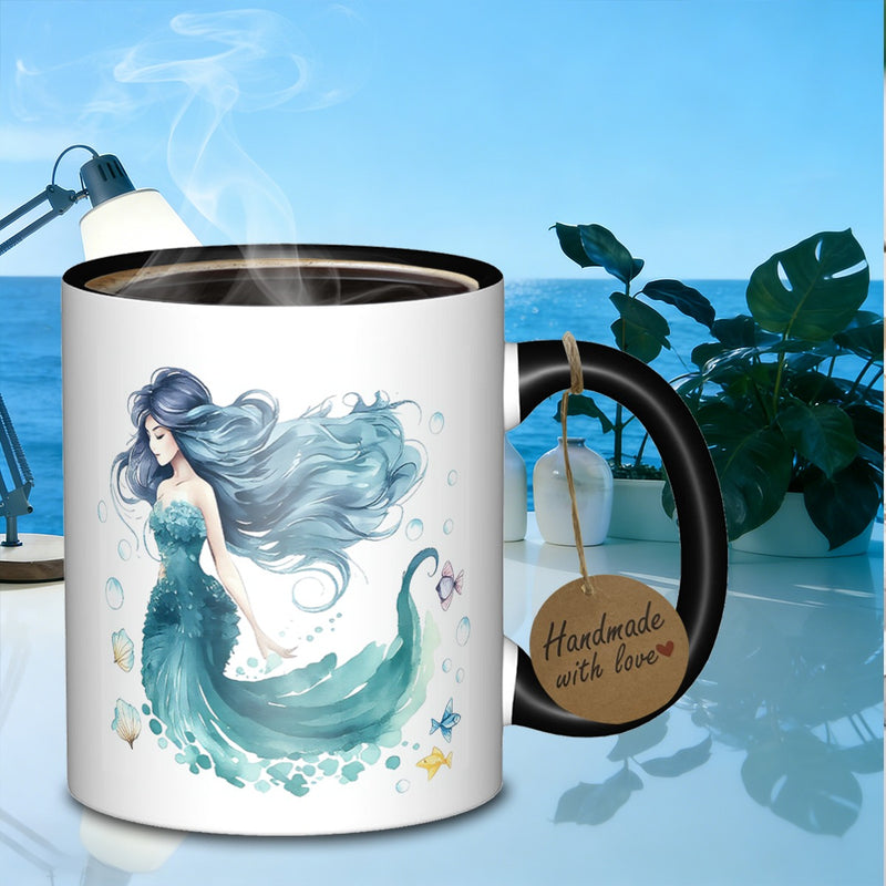 Tailorly Black Accent 11 oz Mug - watercolor mermaid artwork
