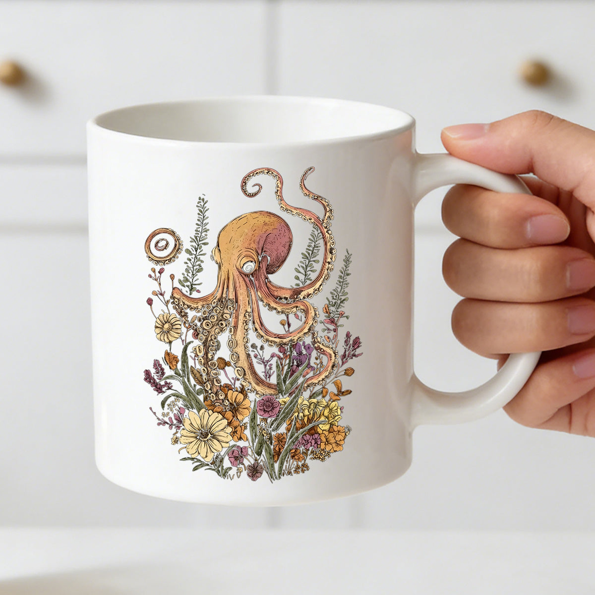 Tailorly White Ceramic 11 oz Mug - botanical sea creature design