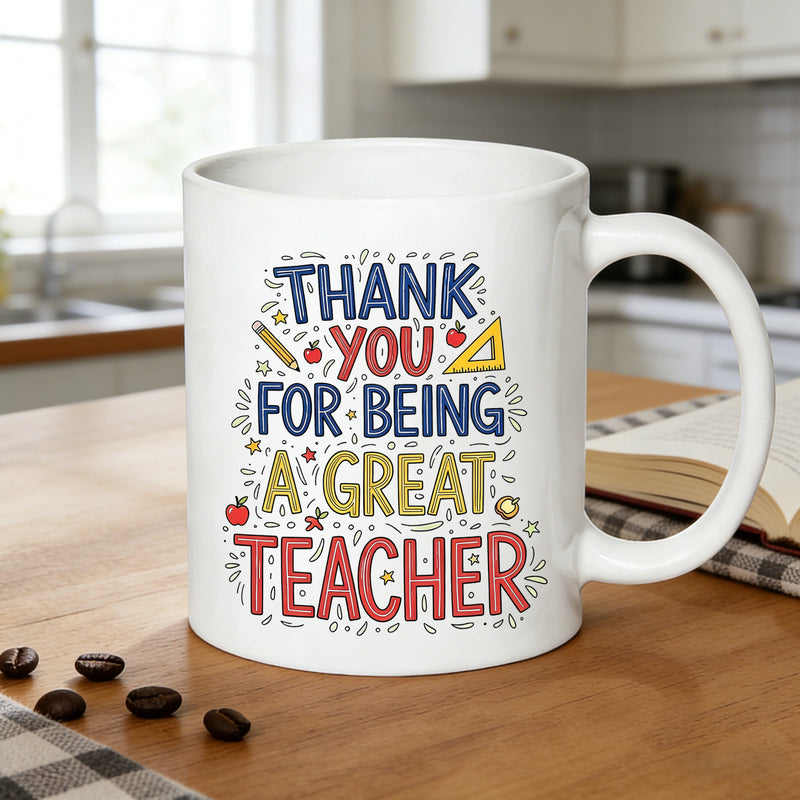 Tailorly White Ceramic 11 oz Mug - colorful school supplies print