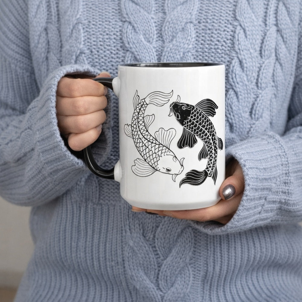 Tailorly Black Accent 11 oz Mug - yin yang koi fish symbolizing