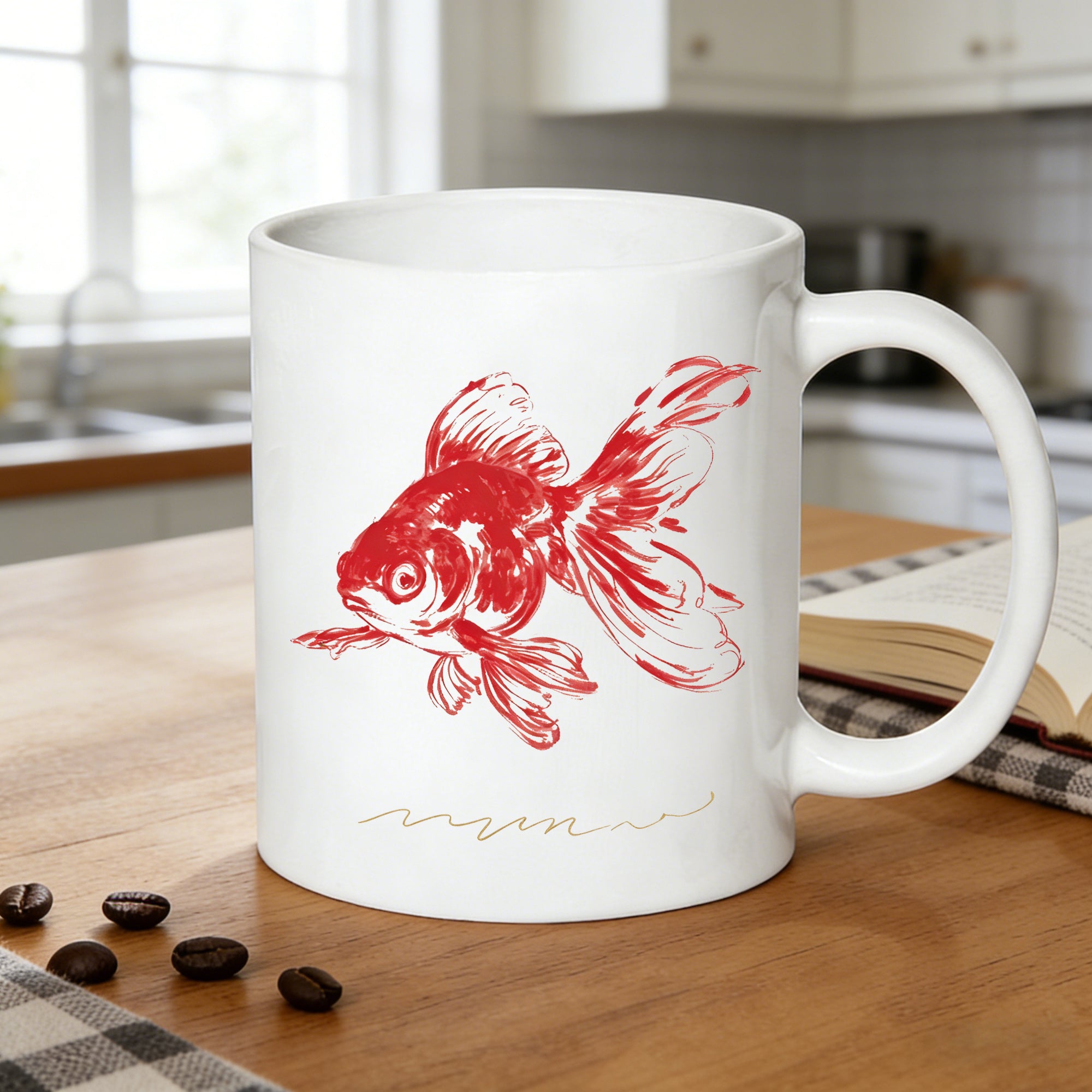 Tailorly White Ceramic 11 oz Mug - red goldfish ink painting