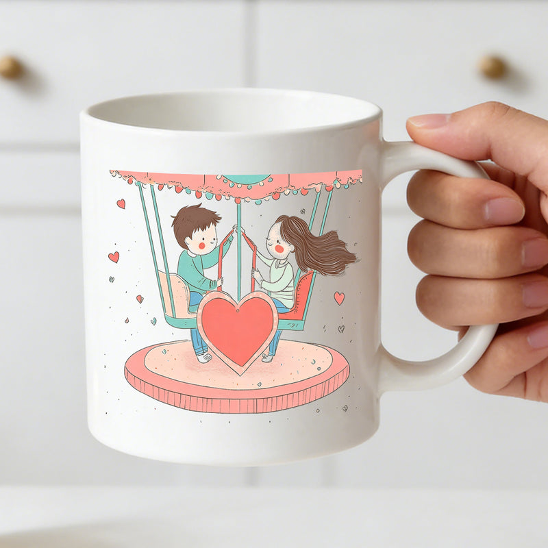 Tailorly White Ceramic 11 oz Mug - romantic carousel couple heart for valentines day