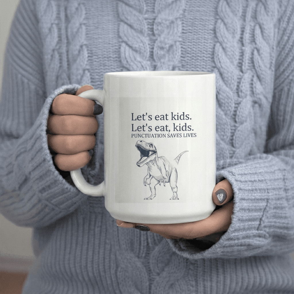 Tailorly White Ceramic 11 oz Mug - Eat Kids Lives Dinosaur Graphic