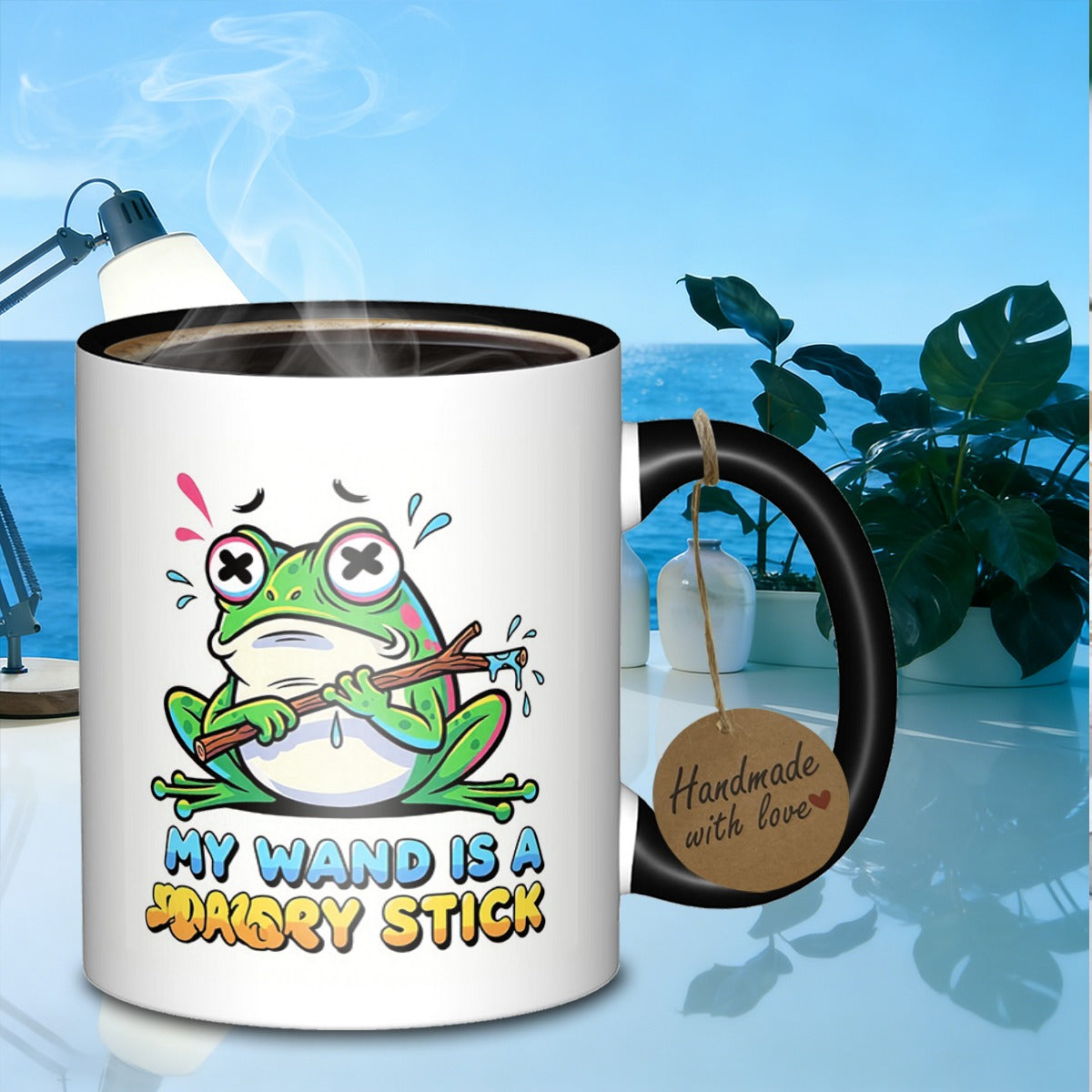 Tailorly Black Accent 11 oz Mug - cartoon frog wizard holding a stick