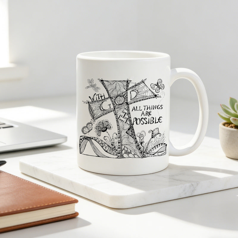 Tailorly White Ceramic 11 oz Mug - with god all things are a beautifully designed cross graphic of christian faith and _9e89562c5f484ad9868692c9cc6f4602