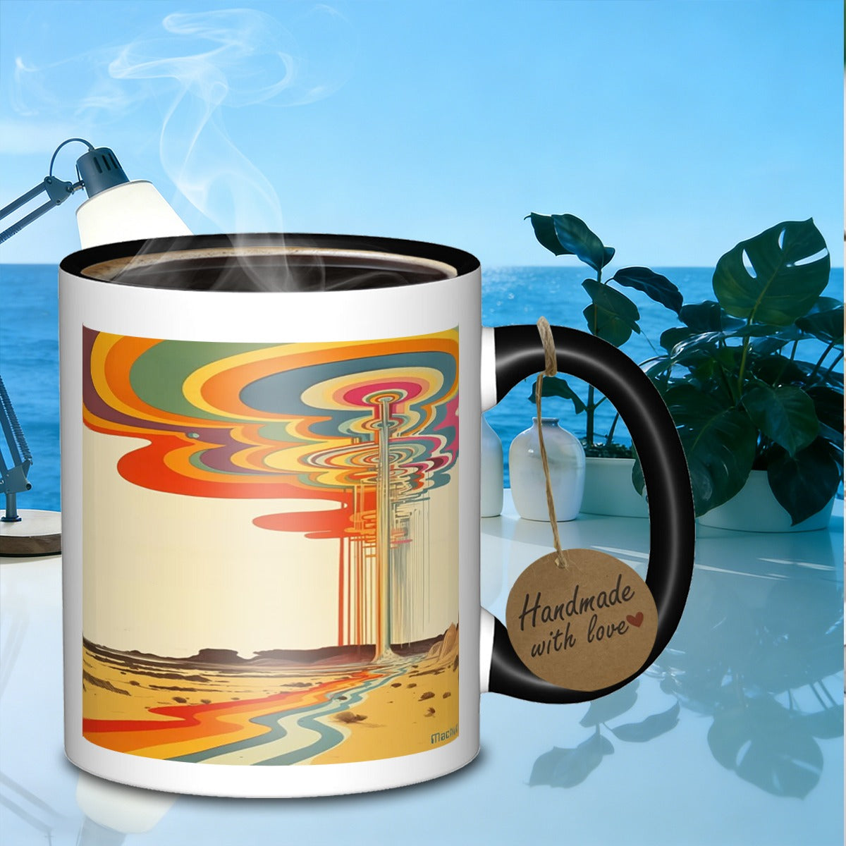 Tailorly Black Accent 11 oz Mug - a vibrant desert scenery featuring psychedelic elements