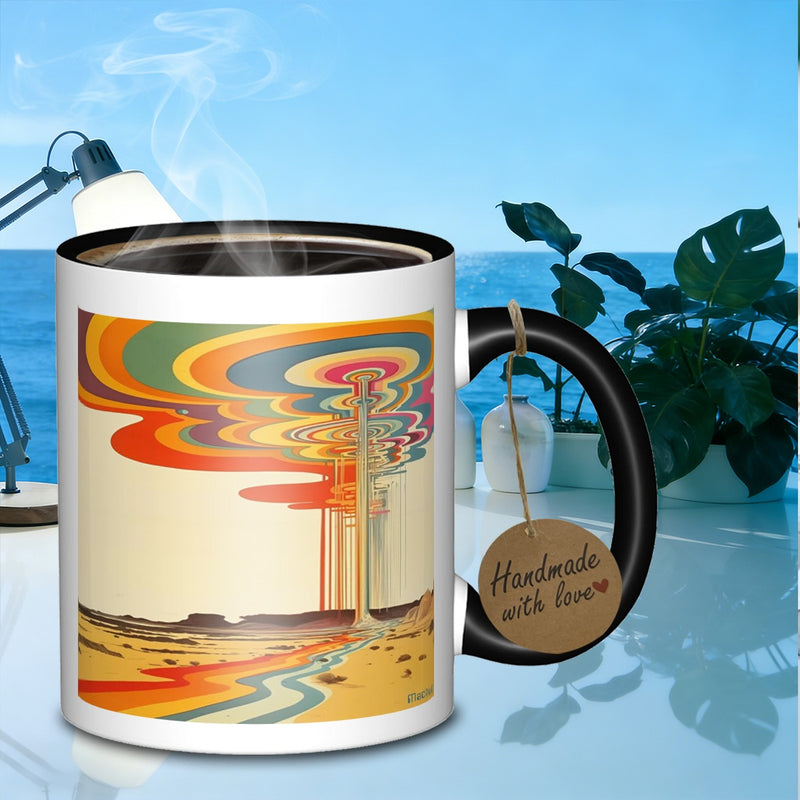 Tailorly Black Accent 11 oz Mug - a vibrant desert scenery featuring psychedelic elements