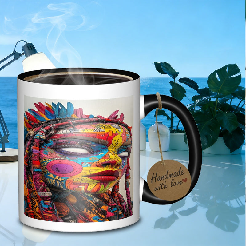 Tailorly Black Accent 11 oz Mug - vibrant tribal woman design