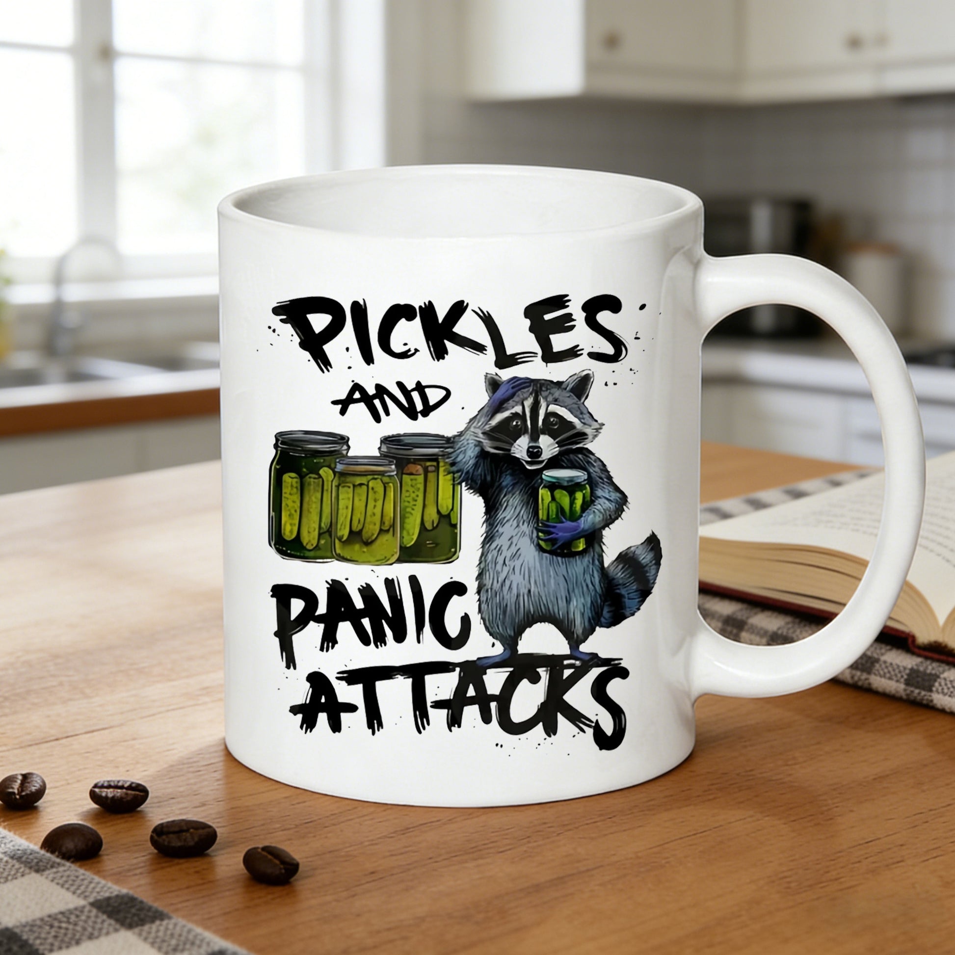 Tailorly White Ceramic 11 oz Mug - funny raccoon with pickles and coffee
