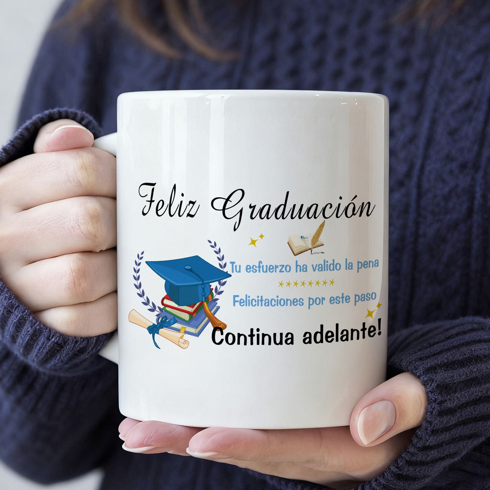 Tailorly White Ceramic 11 oz Mug - funny text for valentines day spanish graduation message with grad cap and books