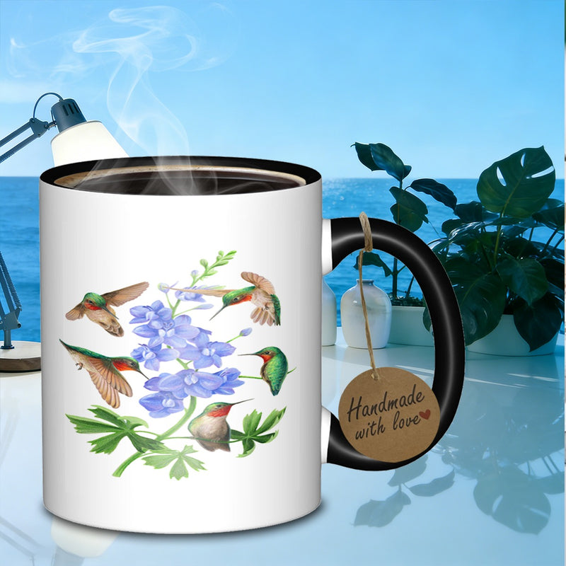 Tailorly Black Accent 11 oz Mug - hummingbirds and blue flowers