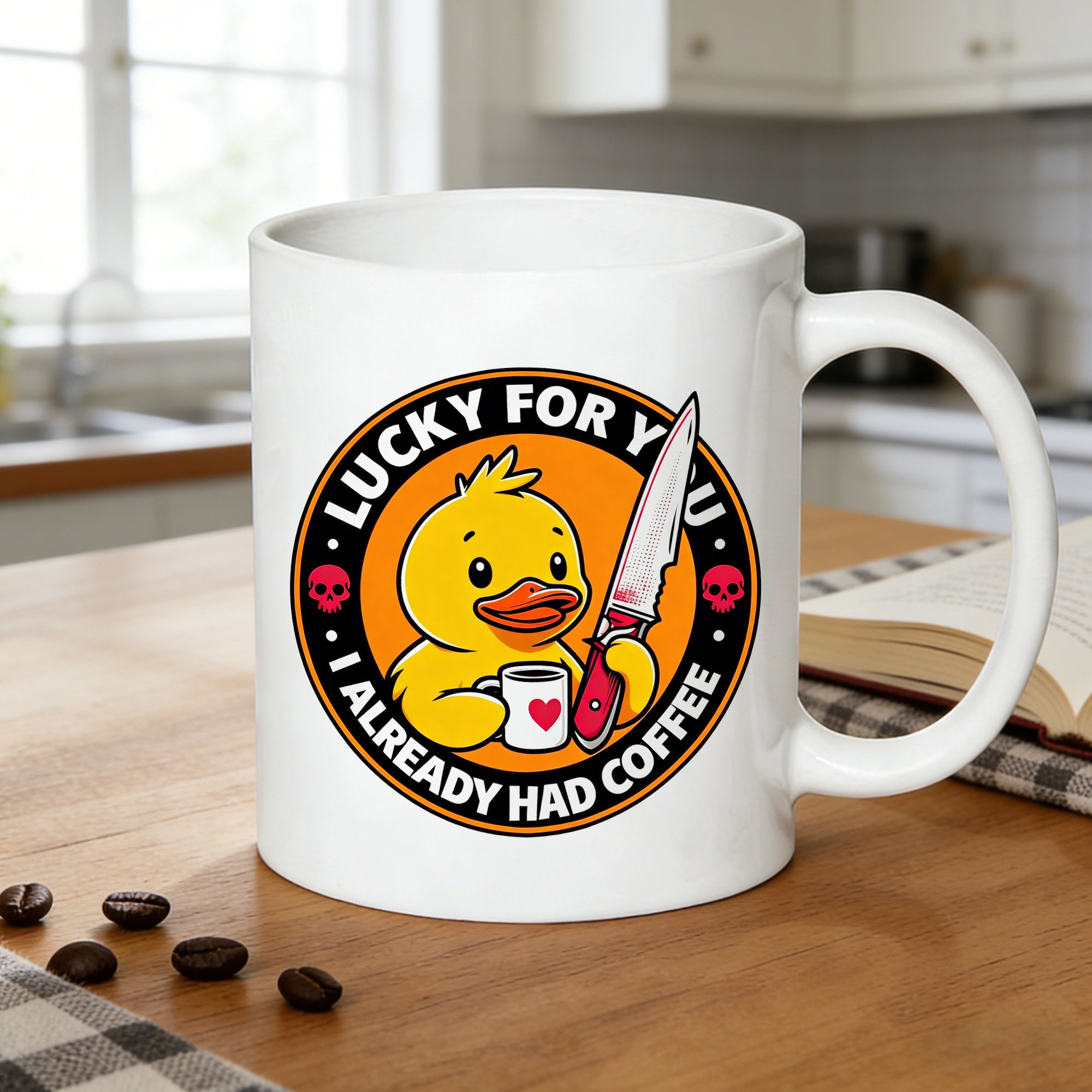 Tailorly White Ceramic 11 oz Mug - duck with knife