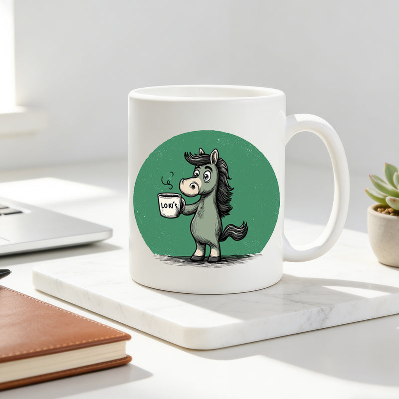 Tailorly White Ceramic 11 oz Mug - chibi horse holding coffee