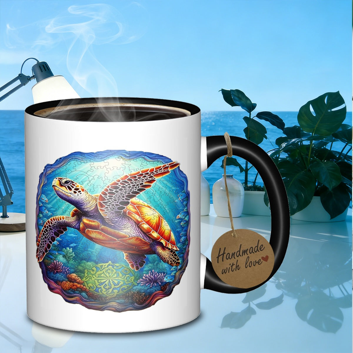 Tailorly Black Accent 11 oz Mug - sea turtle underwater scene