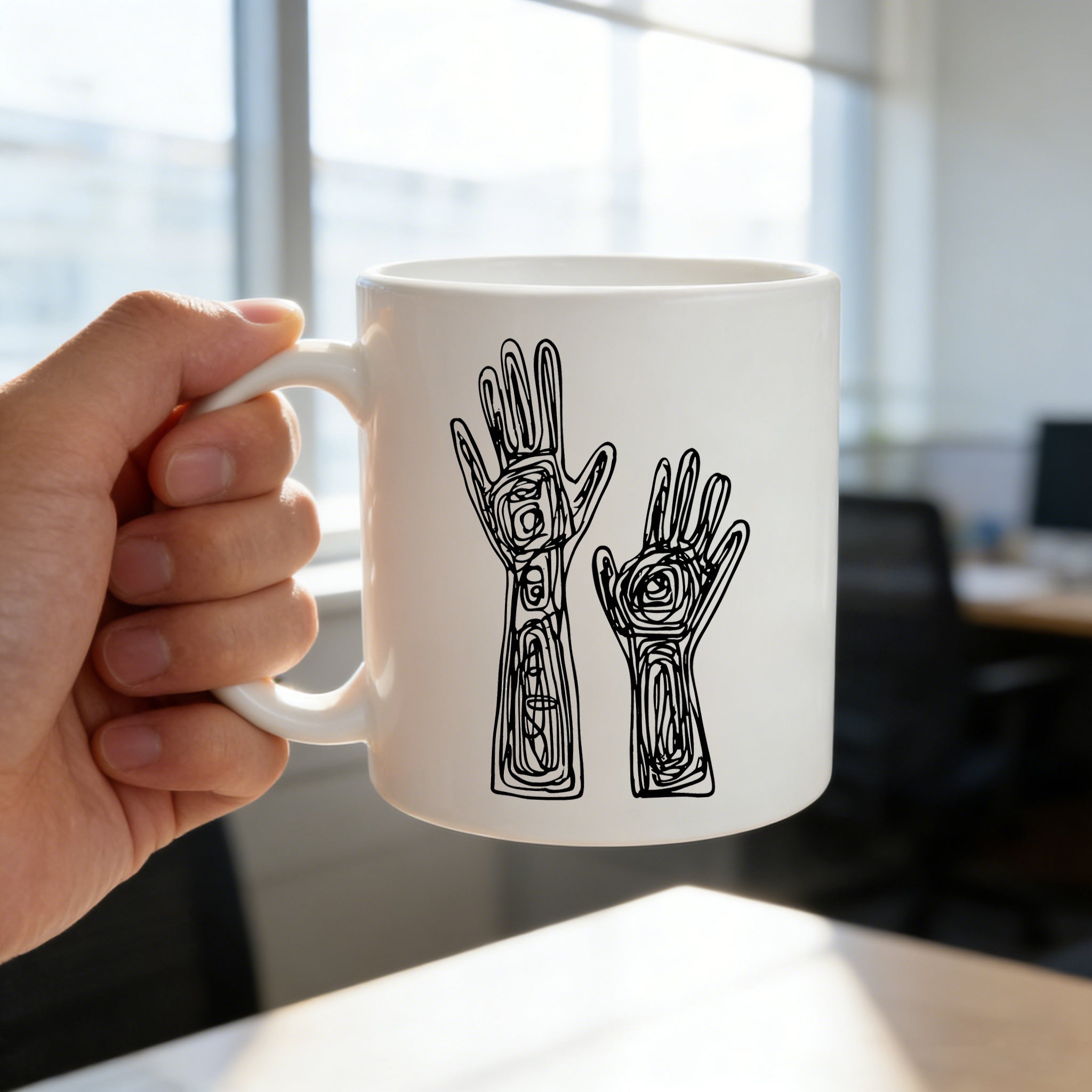 Tailorly White Ceramic 11 oz Mug - abstract line art hands doodle