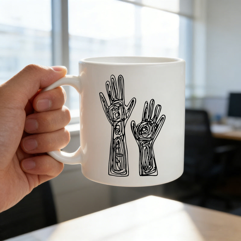 Tailorly White Ceramic 11 oz Mug - abstract line art hands doodle