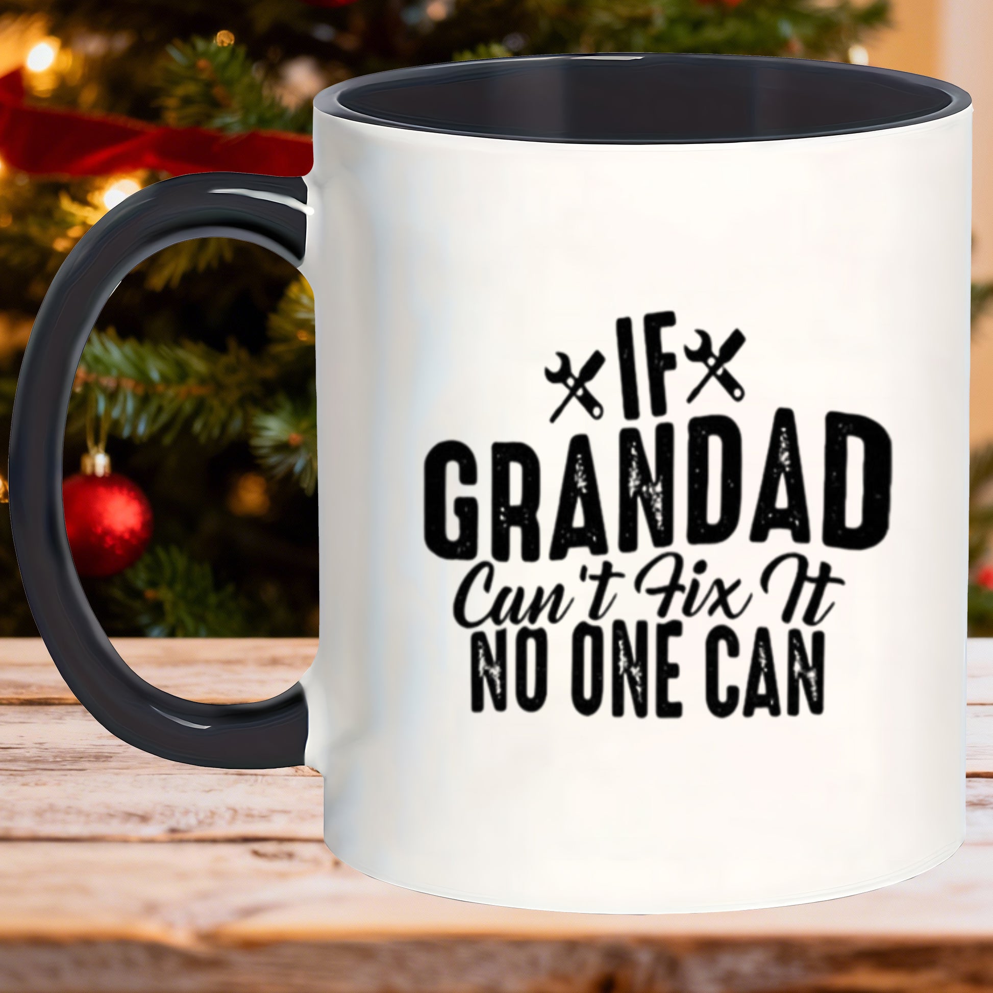 Tailorly Black Accent 11 oz Mug - a unique coffee cup illustration and text "the perfect assistant for grandads in any repair"
