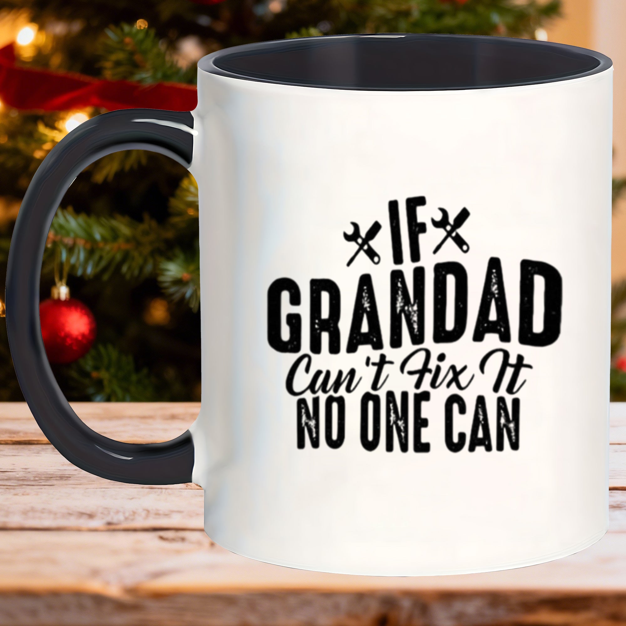 Tailorly Black Accent 11 oz Mug - a unique coffee cup illustration and text "the perfect assistant for grandads in any repair"