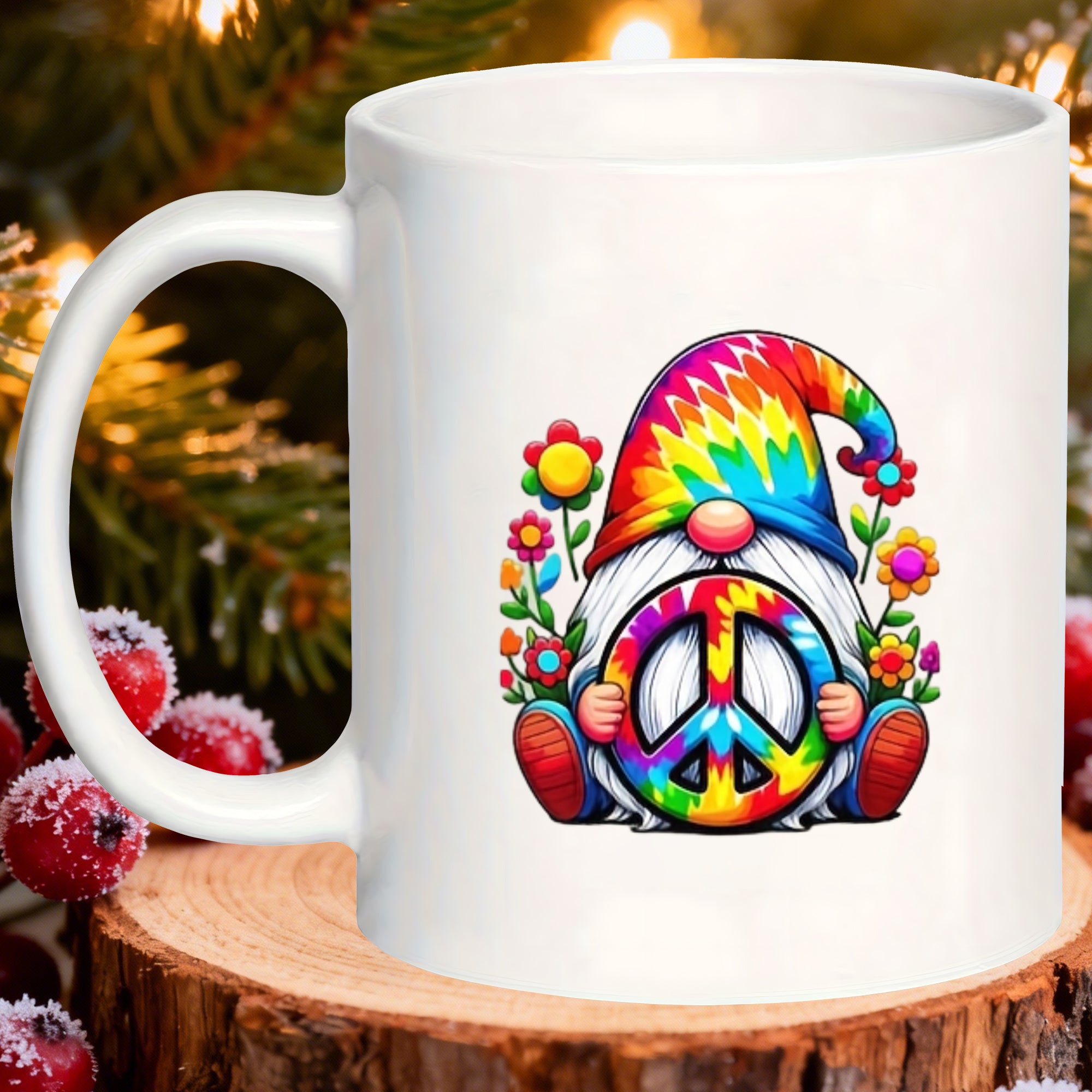 Tailorly White Ceramic 11 oz Mug - tie dye gnome peace sign