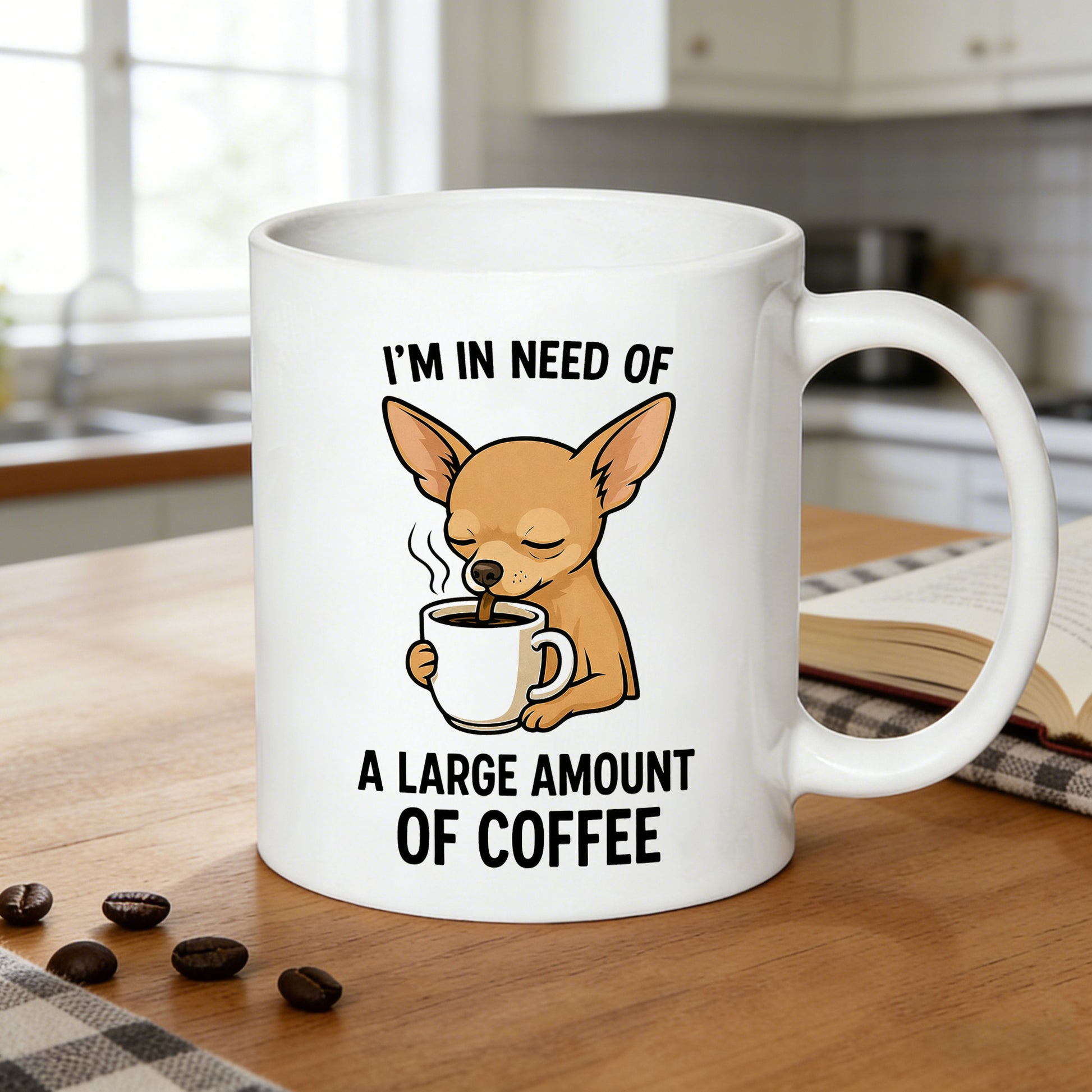 Tailorly White Ceramic 11 oz Mug - chihuahua drinking coffee