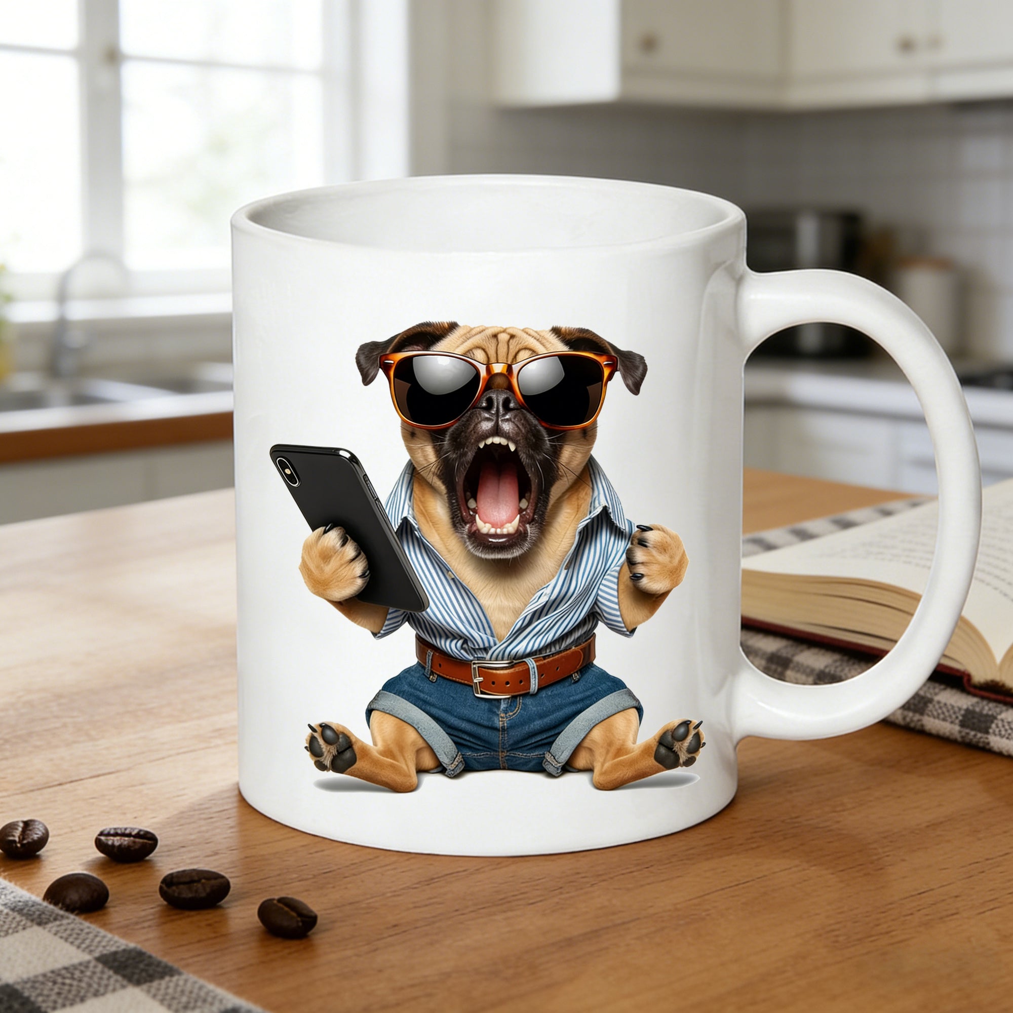 Tailorly White Ceramic 11 oz Mug - cool pug with fashion glasses phone print