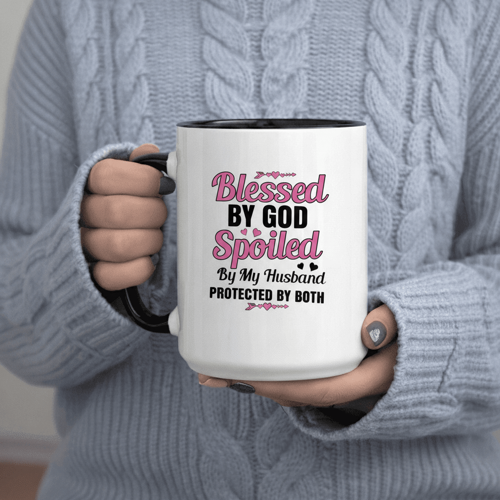 Tailorly Black Accent 11 oz Mug - Blessed By God By My Husband Protected By 11oz Printed Ceramic Mug Ceramic Mug Coffee Mug Dishwasher Safe Microwave