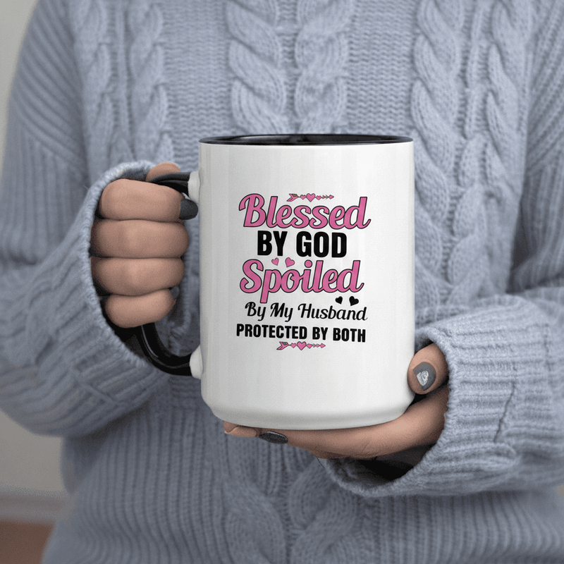 Tailorly Black Accent 11 oz Mug - Blessed By God By My Husband Protected By 11oz Printed Ceramic Mug Ceramic Mug Coffee Mug Dishwasher Safe Microwave