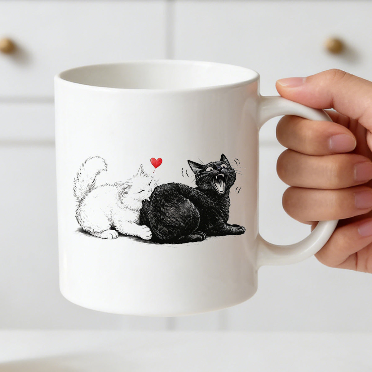 Tailorly White Ceramic 11 oz Mug - black and white kittens with love text